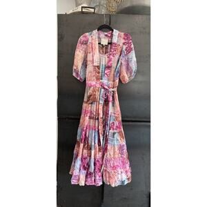 Johnny Was Jade Annalise Wrap MIDI Dress Layered XS Pink Floral Patchwork Silk